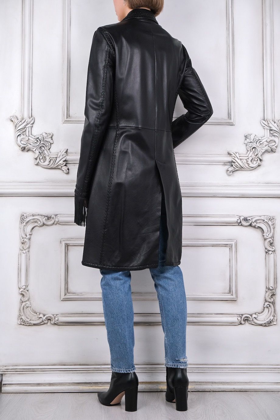 image 3 Кожаное пальто с бахромой чёрного цвета