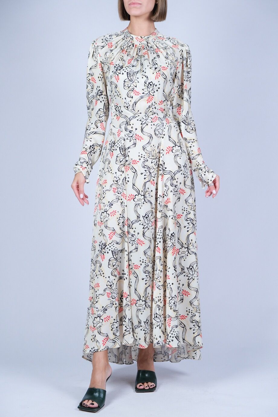 image 1 Платье в пол с длинным рукавом молочного цвета и принтом