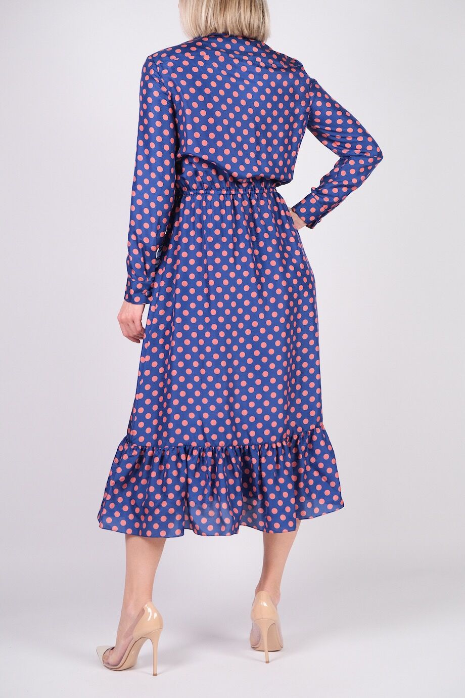 image 3 Шелковое платье синего цвета с карманами в розовый горох