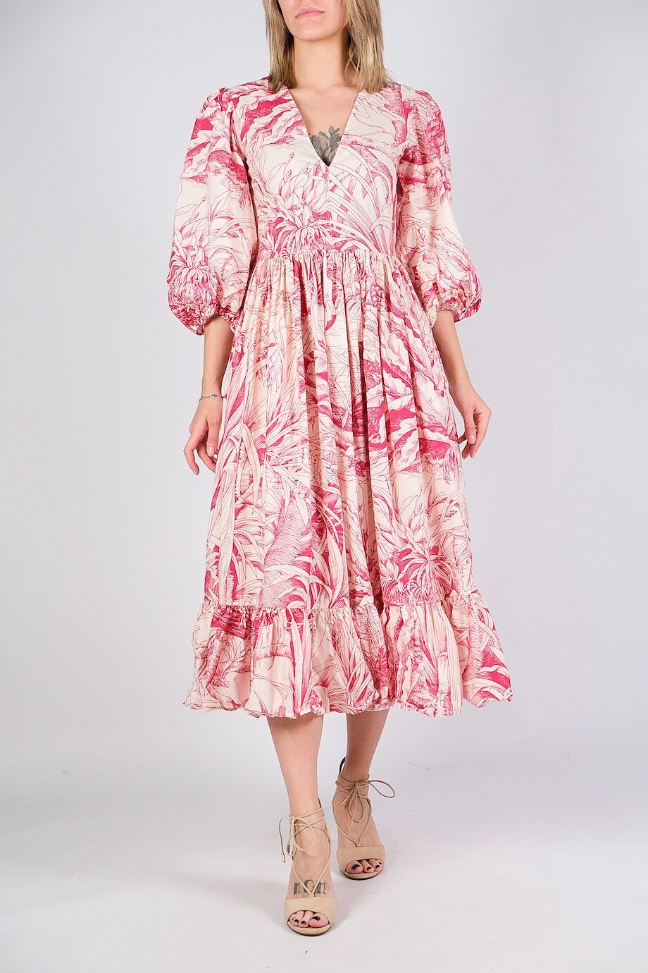 image 1 Хлопковое платье бежевого цвета с розовым орнаментом