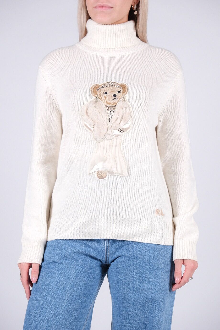 image 1 Кашемировый свитер молочного цвета с высоким горлом с медведем