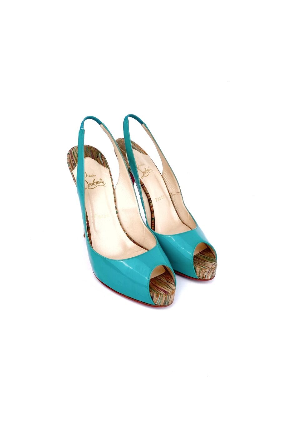 image 1 Лаковые туфли бирюзового цвета с цветным каблуком и открытым носиком
