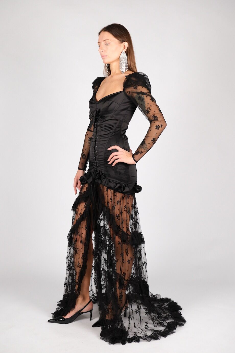 image 2 Комбинированное платье с кружевом на шнуровке чёрного цвета