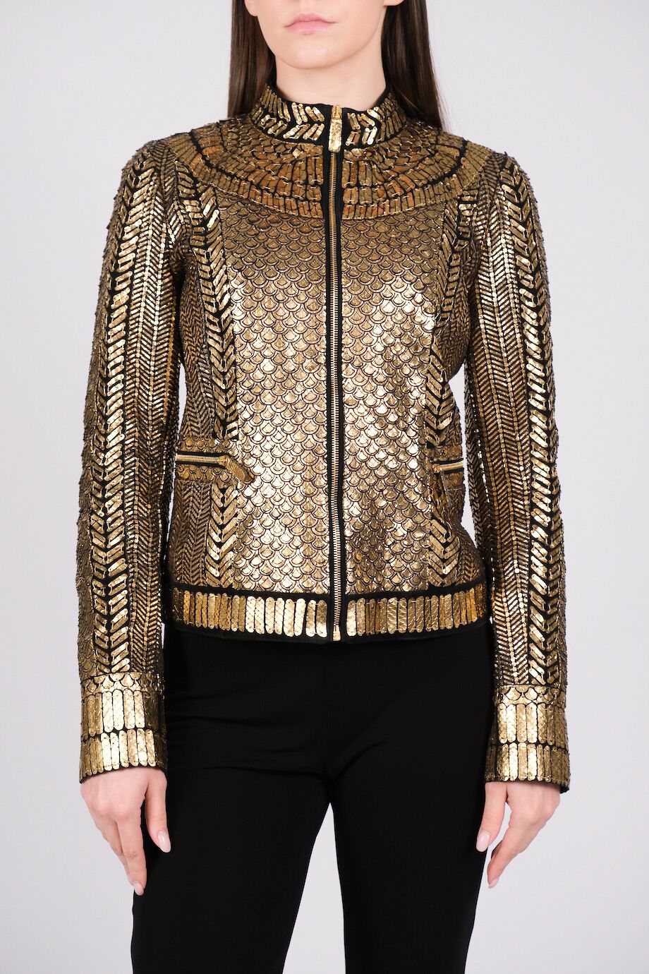 image 1 Жакет на молнии расшитый кожаными деталями золотого цвета