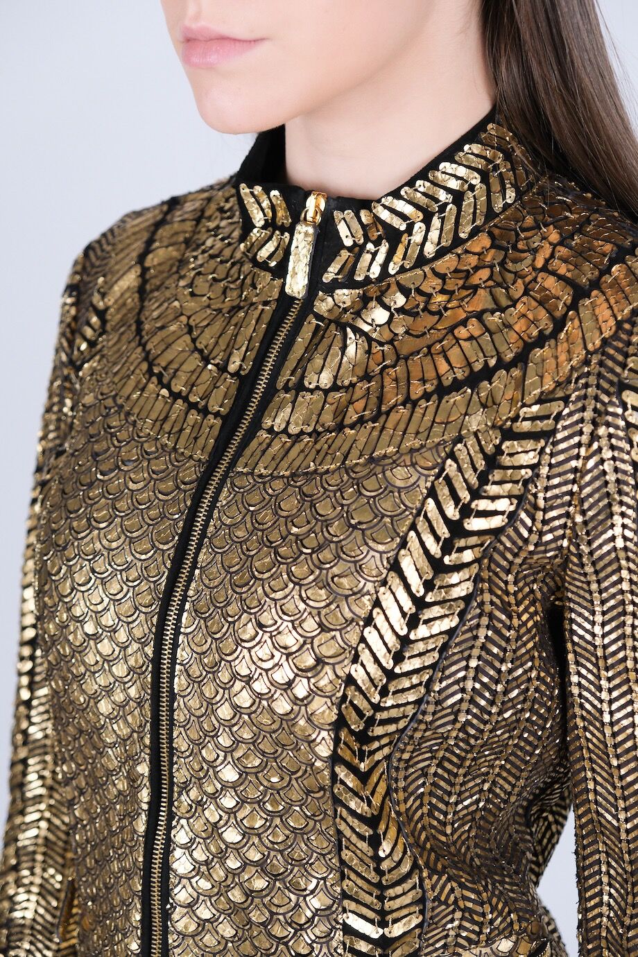 image 4 Жакет на молнии расшитый кожаными деталями золотого цвета