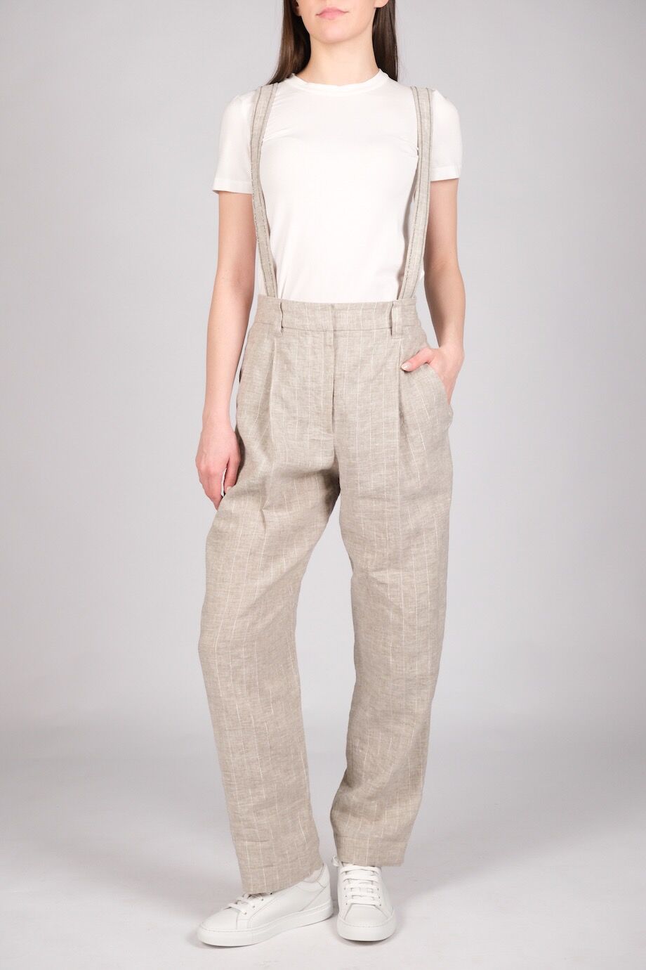 image 1 Льняные брюки серо-бежевого цвета в полоску