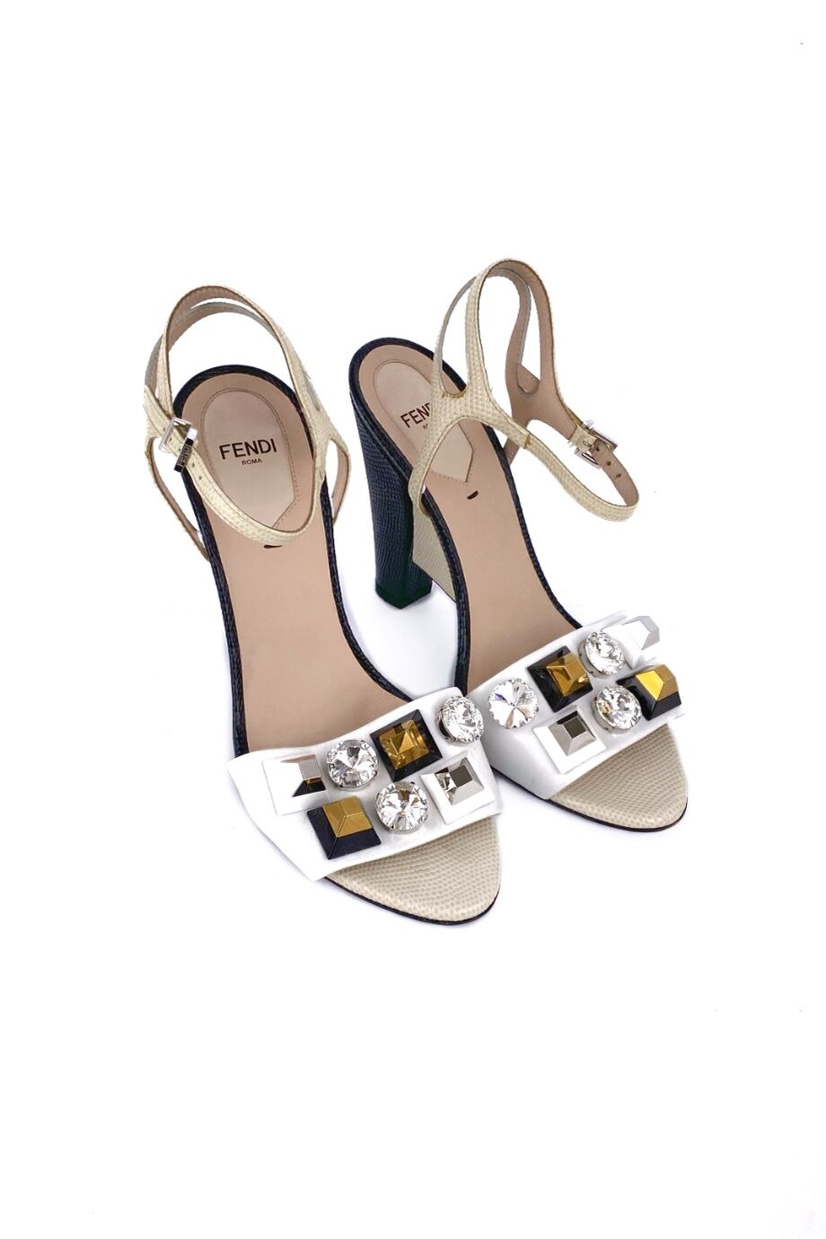 image 1 Босоножки комбинированные черно-белого цвета с декором из камней