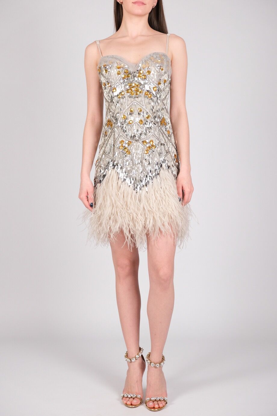 image 1 Шёлковое платье с декором из стекляруса, камней и перьев