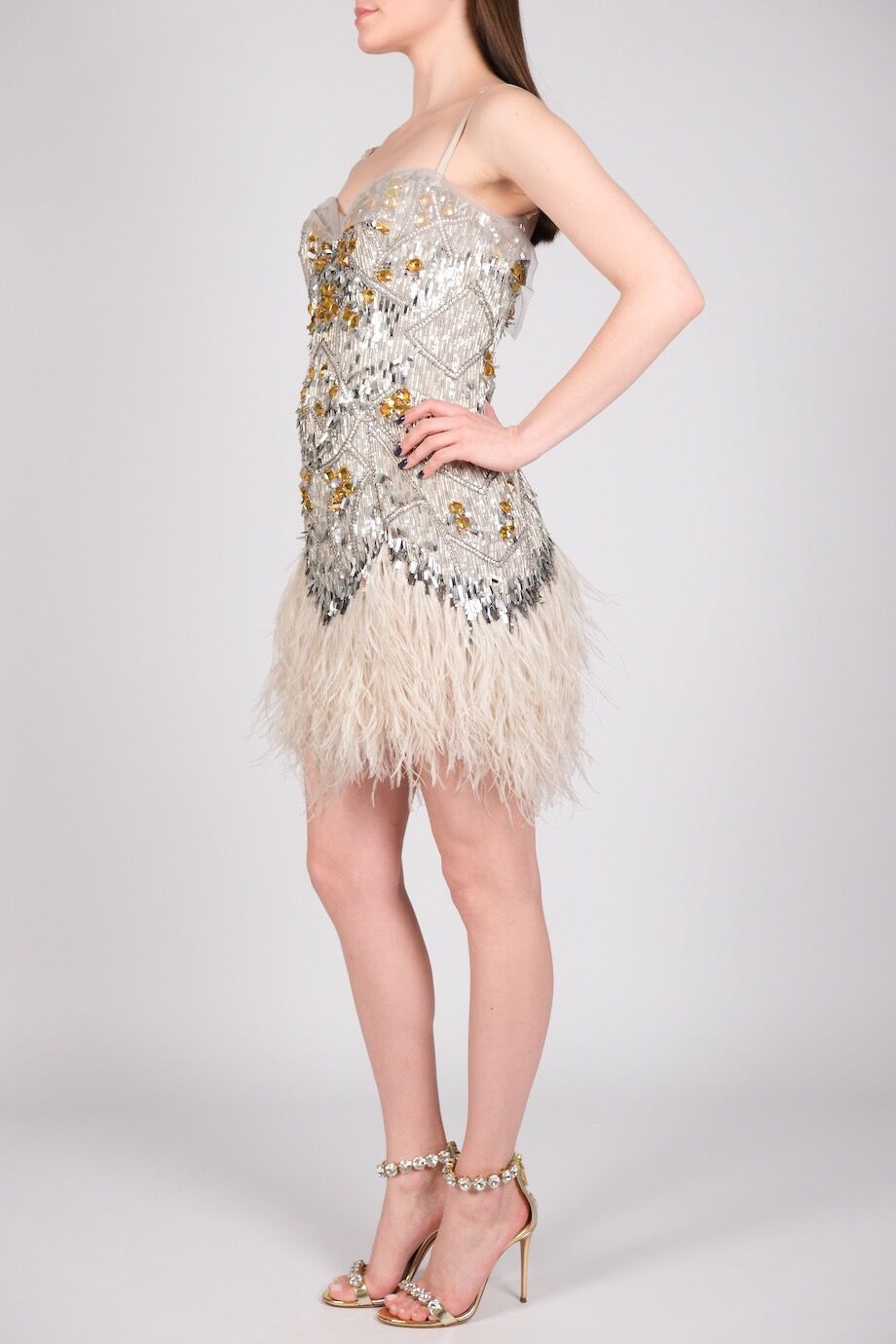 image 2 Шёлковое платье с декором из стекляруса, камней и перьев