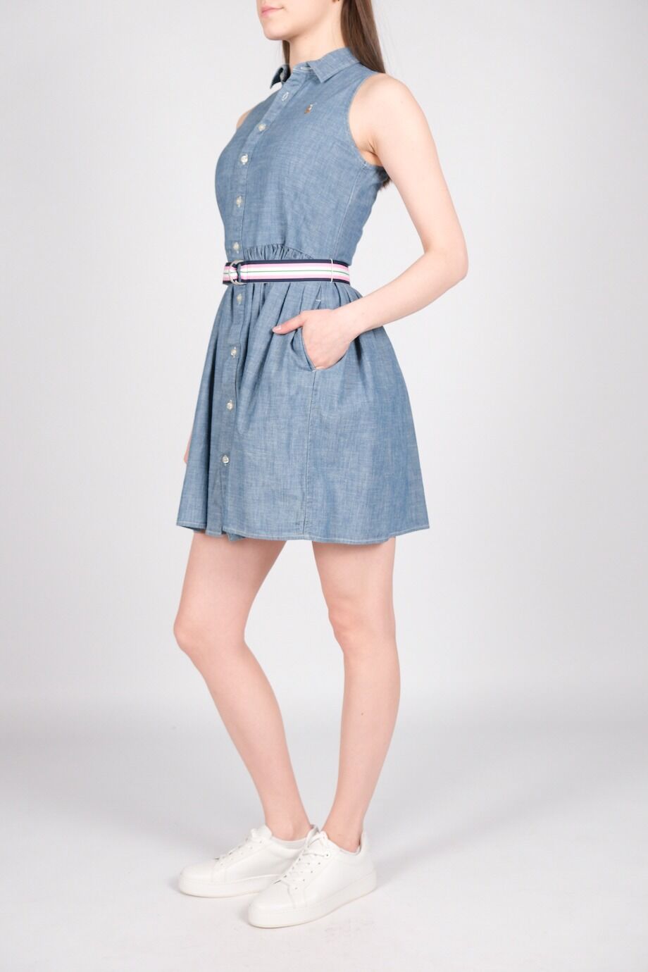 image 2 Хлопковое платье синего цвета без рукавов с поясом