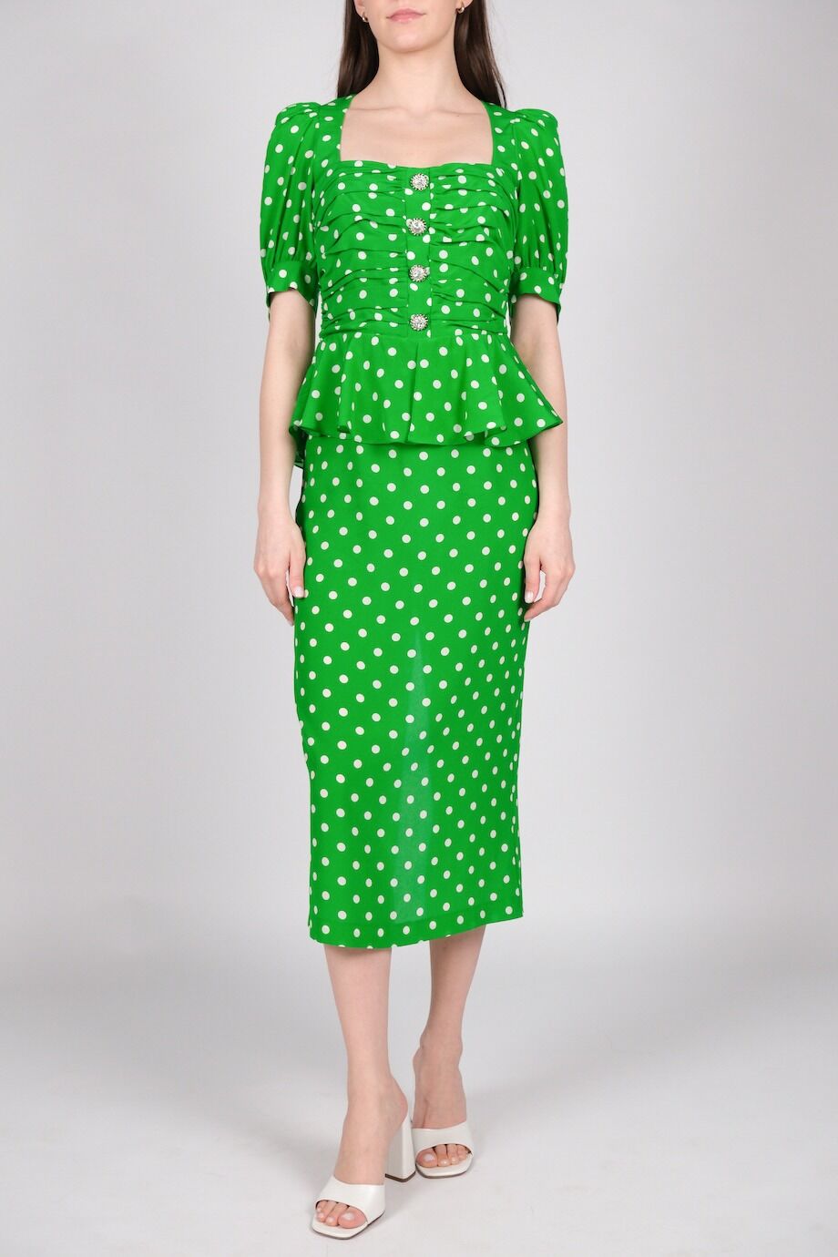 image 1 Шёлковое платье зелёного цвета в горох с коротким рукавом