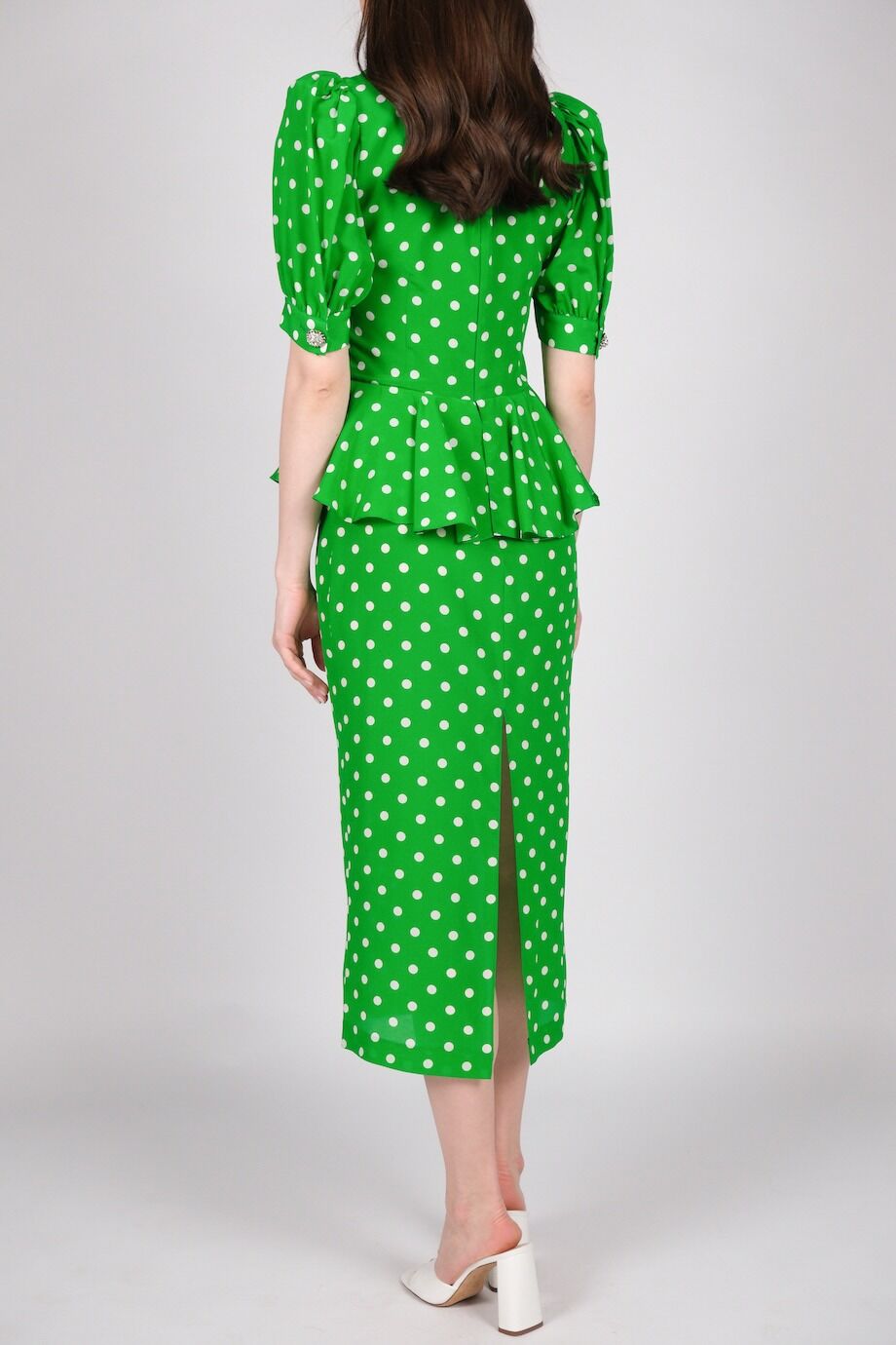 image 3 Шёлковое платье зелёного цвета в горох с коротким рукавом