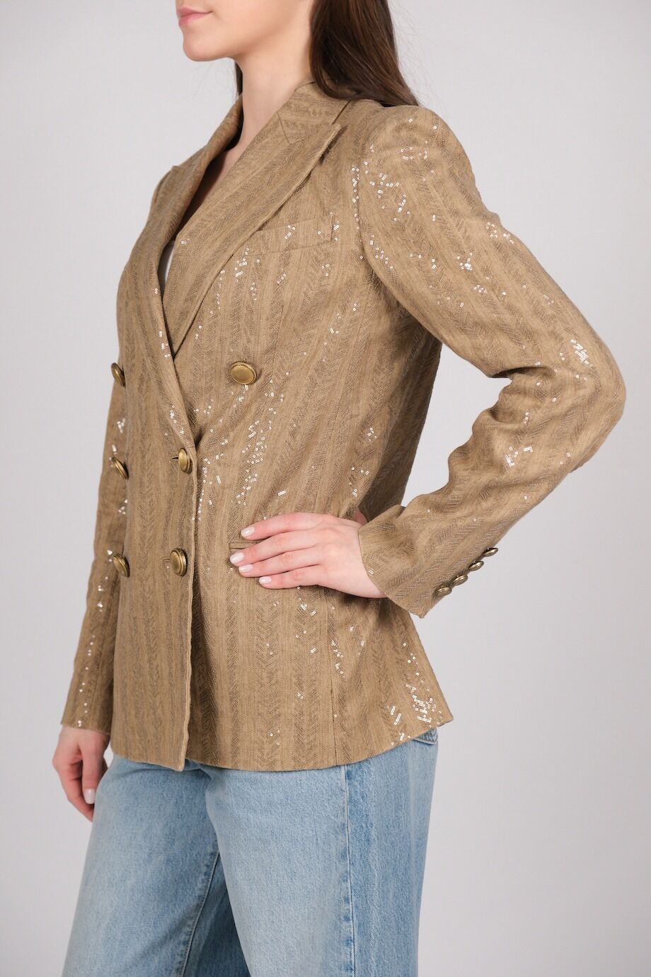 image 2 Двубортный жакет бежевого цвета с пайетками