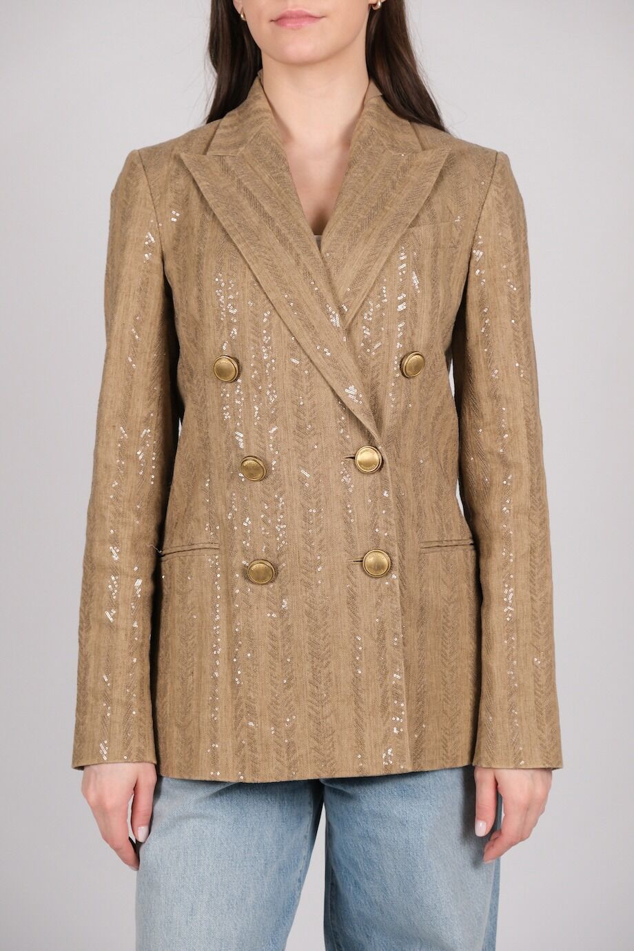 image 1 Двубортный жакет бежевого цвета с пайетками
