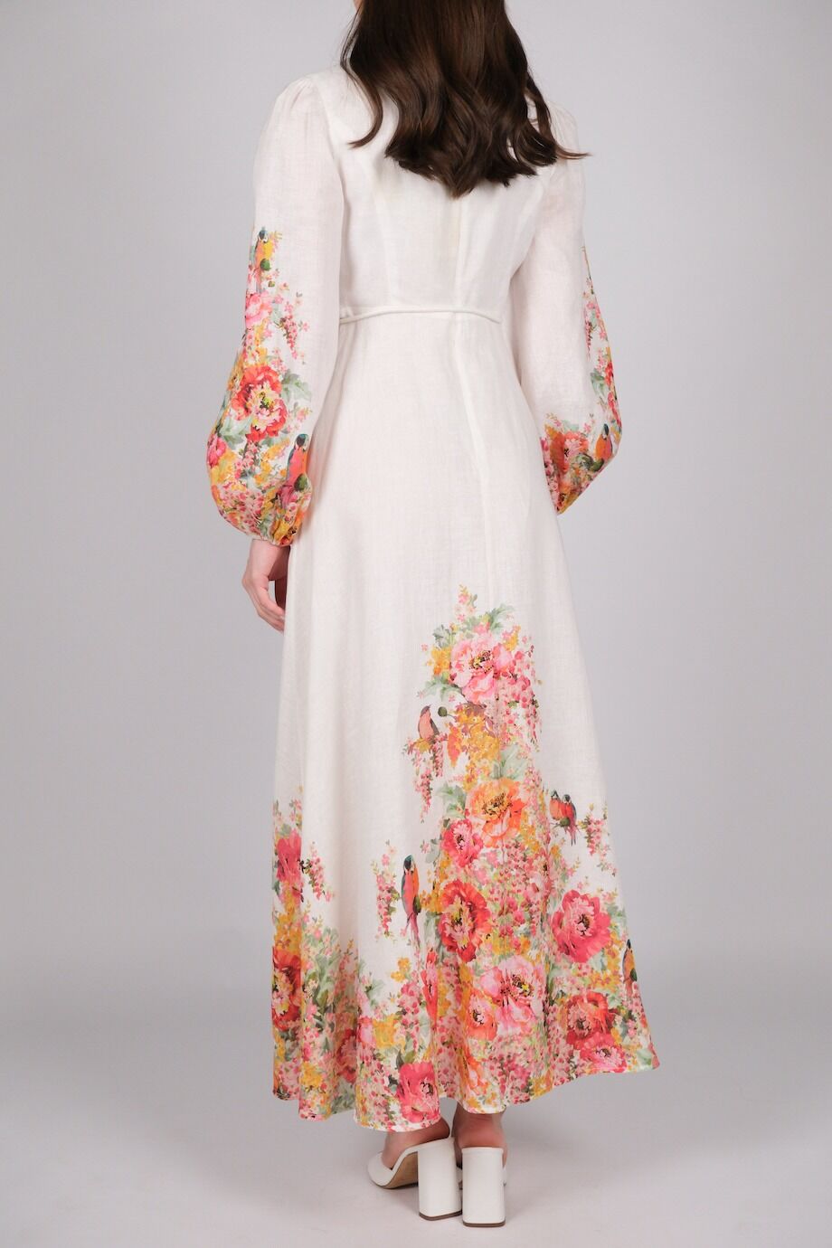 image 3 Льняное платье молочного цвета с длинным рукавом и принтом