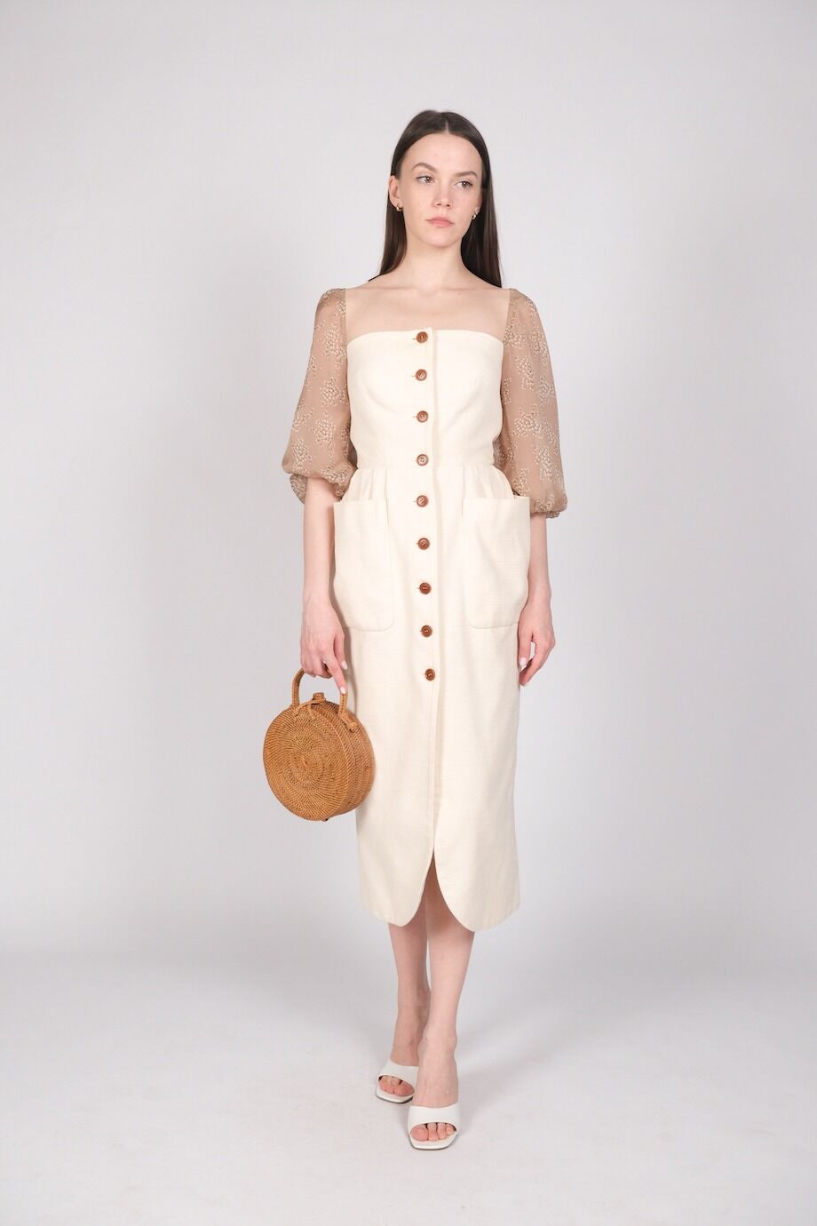 image 1 Платье молочного цвета на пуговицах с шелковыми рукавами