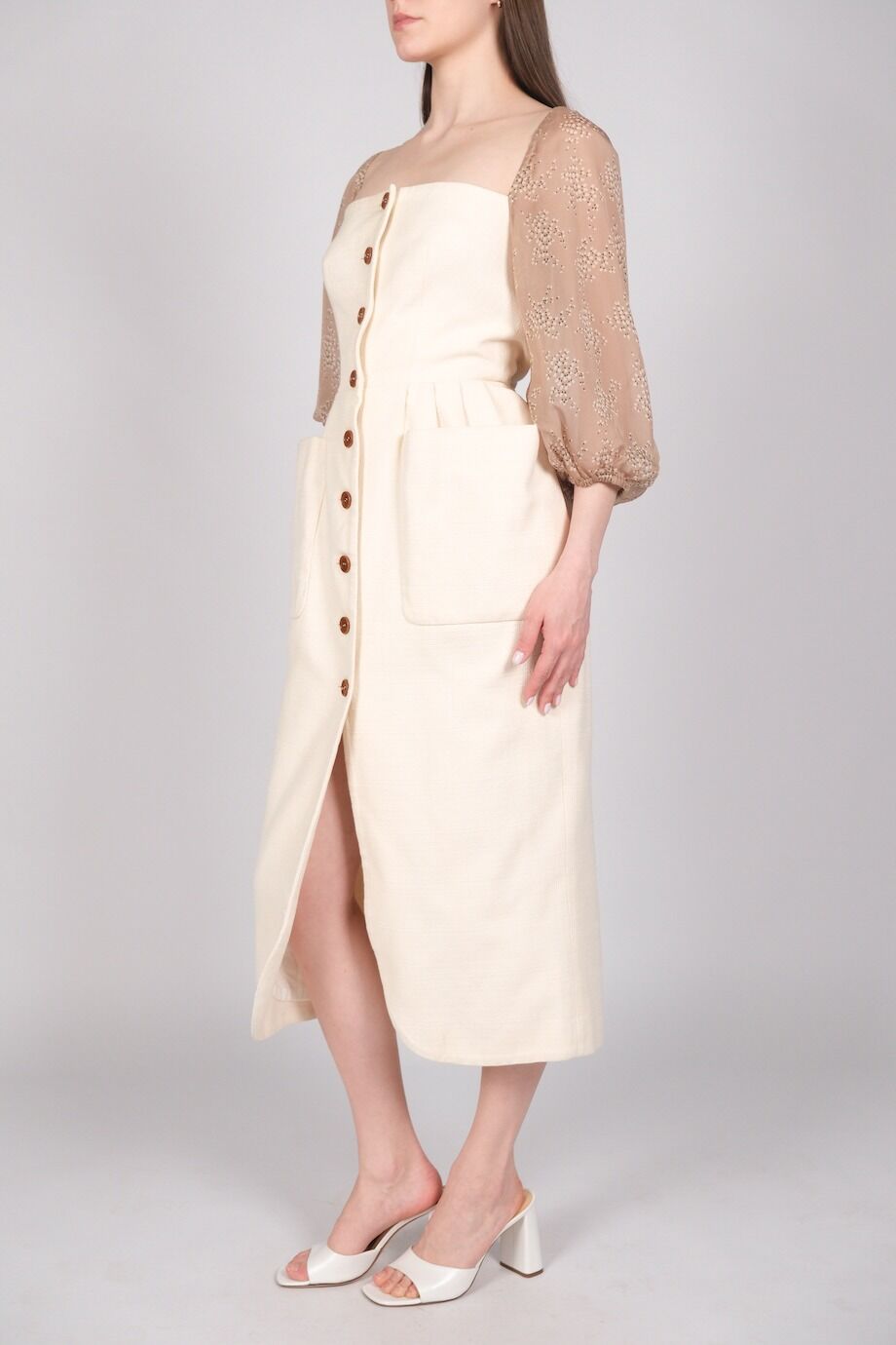 image 4 Платье молочного цвета на пуговицах с шелковыми рукавами