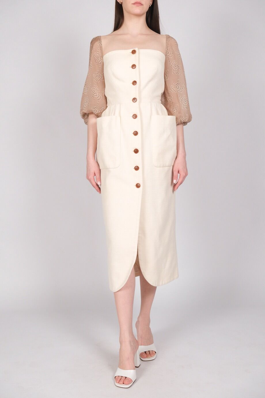 image 3 Платье молочного цвета на пуговицах с шелковыми рукавами